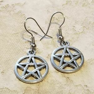 Silver Pentacle Wiccan Pagan Circle Drop Earrings